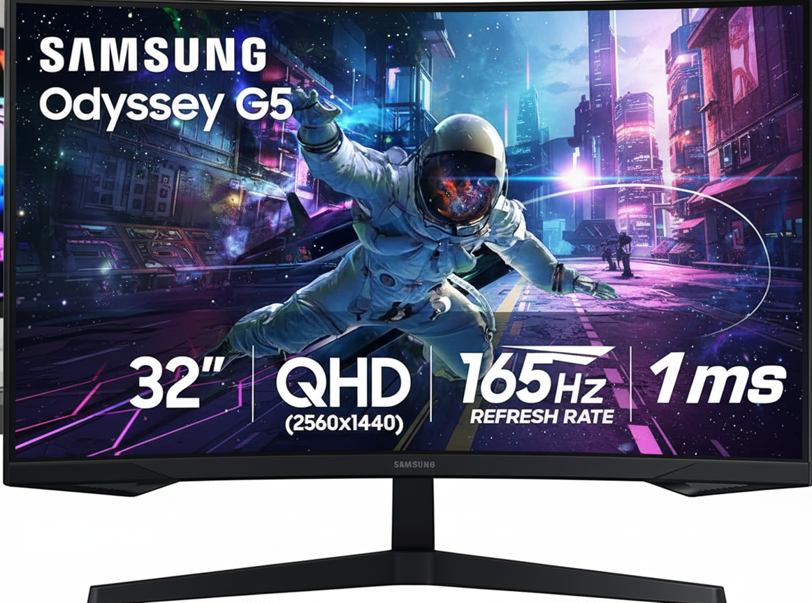 Samsung Odyssey G55C Series 32-inch 1000R curved gaming monitor with 165Hz for a clean professional desk setup.