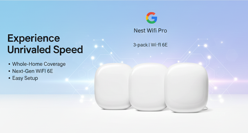 Google Nest Wifi Pro system with three nodes providing high-speed mesh Wi-Fi 6E coverage for a smart home.